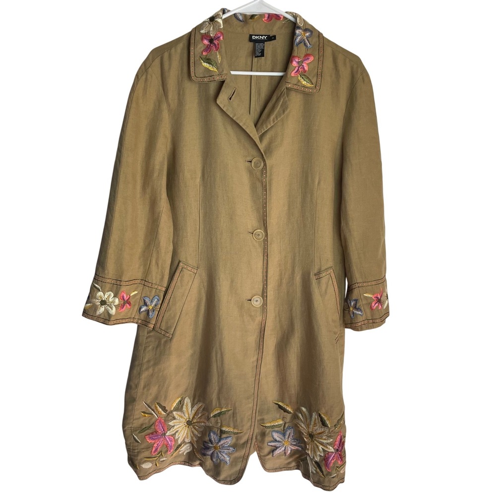 DKNY Womens 100%‎ Linen Jacket Coat Size 12 Tan Boho Floral Embroidered Festival